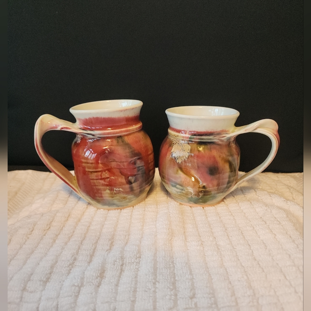 Art Pottery Mugs x 2 Signed Joseph Panacci 2017 Twisted Handle Dimple Coffee Tea